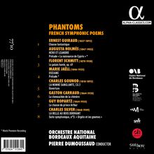 "PHANTOMS FRENCH SYMPHONIC POEMS" von verschiedenen Komponisten. Orchestre National Bordeaux Aquitaine dirigiert von Pierre Dumoussaud. Links ist eine Liste mit Namen und Titeln der Stücke. Rechts daneben einige Logos.
