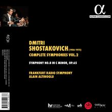 Oben rechts Logo "alpha-classics.com". Text in Gelb: Dmitri Shostakovich, Symphonie Nr. 8, Frankfurt Radio Symphony. Dirigent: Alain Altinoglu.