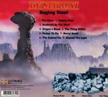 "Deathrow" und "Raging Steel" oben, Liedtitel darunter. Illustration: Rote Landschaft mit säulenartigem Felsen.