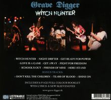Album "Witch Hunter" von Grave Digger. Songtitel darunter. Band spielt auf Bühne, beleuchtet von bunten Lichtern.