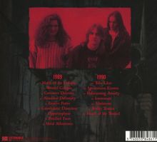 1989 und 1990, Songtitel in Rot. Drei Männer, älteres Gemälde im Hintergrund. Listenable Records Logo.