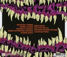 Texte: "NOCTURNAL TERROR, STRUCK A NERVE," dunkler Hintergrund, gelbe und lila Monsterzähne in Illustration.