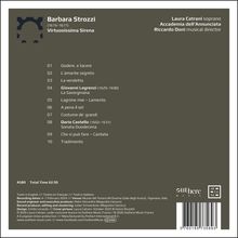 Texts: Barbara Strozzi, Virtuosissima Sirena, Laura Catrani soprano. Tracklist von 01 bis 10. Design mit Barcode unten.