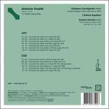 Antonio Vivaldi, 13 Violin Concertos. CD1 und CD2, Auflistung der Konzerte. I Solisti Aquilani, Logo unten rechts.