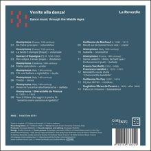 "Venite alla danza! Dance music through the Middle Ages." Liste von Musikstücken mit Komponisten und Zeitangaben.