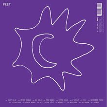 Text oben: "PEET". Unten: Titel wie "EAST BLUE", "RÊVER MIEUX". Im Zentrum eine weiße, handgezeichnete Sonne auf lila Hintergrund.