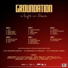 GROUNDATION - a light in Paris. Trackliste von Side A bis F mit Titeln wie "Intro" und "Jah Jah Know". Ein roter Hintergrund.