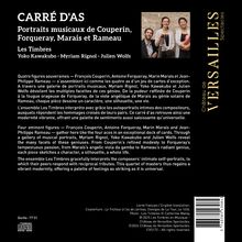 Text: CARRÉ D'AS, Portraits musicaux de Couperin, Forqueray, Marais et Rameau. Logo: Château de Versailles Spectacles.
