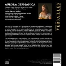 "AURORA GERMANICA" oben, darunter Musiker- und Instrumentennamen. Text beschreibt musikalische Entwicklung. Rechts Bild einer Frau.