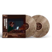 "5AM Study Session" auf einer Plattenhülle, Illustration einer Person am Laptop mit Kopfhörern. Sammlung mit zwei Vinyl-Schallplatten.