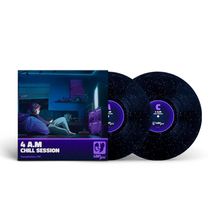 Text: "4 A.M. Chill Session, Compilation nº1." 

Illustration: Eine Person im Dunkeln am Computer, entspannte Atmosphäre. Zwei Schallplatten mit Sternenmuster.