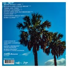 Titel mehrerer Musikstücke und Mitwirkende werden aufgelistet. Unscharfes Foto von Palmen vor blauem Himmel im Hintergrund.