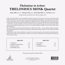 "Thelonious in Action: THELONIOUS MONK Quartet" oben. Songliste: "LIGHT BLUE", "BLUE MONK" und mehr. Text über Monk in den 1950ern.