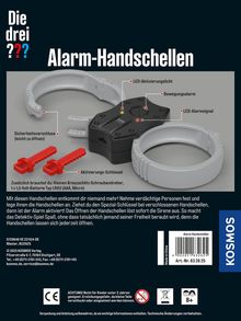 „Die drei ??? Alarm-Handschellen“; LED, Bewegungsalarm, Sicherheitsschlüssel. Kunststoff-Handschellen und Zubehör.