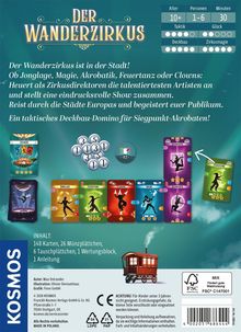 "Der Wanderzirkus" oben. Text beschreibt jonglieren, Magie, Akrobatik und Feuertanz im Spiel. Karten und Münzen abgebildet.