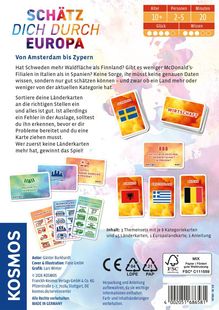 Text: Schätz dich durch Europa. Sortiere deine Länderkarten. Verpackung und Anleitung aufbewahren. Kosmos-Logo.