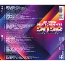 „DIE NEUEN DEUTSCHEN HITS 2026“ steht in großen Buchstaben. Zwei Listen mit Titeln und Interpreten auf lila Hintergrund.