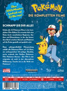 "Über 2000 Minuten Laufzeit auf 23 Blu-rays!" "Pokémon Die kompletten Filme" Ash mit Pikachu, blauer Hintergrund.