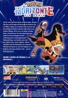 "Pokémon Horizonte: Die Serie" und Text über die Suche nach Entei. Illustration: Figuren mit Pokémon, darunter ein feuerspeiendes Wesen.