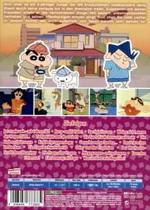 Shin Chan ist ein vorlauter 5-jähriger Junge. Folgen: Jetzt oder nie, Berg- und Talfahrt, Ein Sonntag mit Paps. Comic-Stil, Figuren vor Haus.