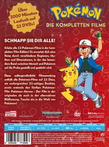 Über 2000 Minuten Laufzeit auf 23 DVDs! Pokémon Die kompletten Filme. Schnapp sie dir alle! Ash und Pikachu springen fröhlich.