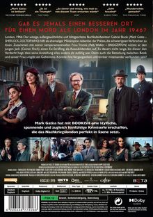 "GAB ES JEMALS EINEN BESSEREN ORT FÜR EINEN MORD ALS LONDON IM JAHR 1946?" Eine Gruppe Menschen in Retro-Kleidung in einer Bibliothek.