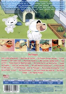 Text: Shin, ein 5-jähriger Junge, bringt Erwachsene in den Wahnsinn. Folgenliste wie "Ganz schön aufgeweckt!" Illustration: Ein animierter Hund.