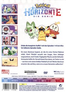 "Erlebe die komplette Staffel 1 mit den Episoden 1-45 im 6-Disc-Set inklusive Episoden-Guide." Drei Pokémon in der Mitte.