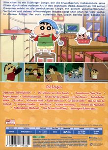 Ein Junge, Shin Chan, steht auf einem Hocker in einer Küche mit Löffel und Essen. Unter ihm Folgenliste, z.B. "Operation 'Nestflüchter'".