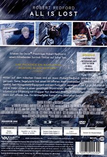 Titel: "ROBERT REDFORD ALL IS LOST". Text: „Eine packende Ein-Mann-Show: Redford in Höchstform“. Bild: Stürmische See, Schiff im Notfall.