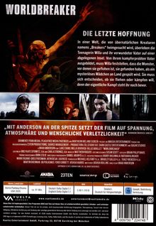 "Worldbreaker", "Die letzte Hoffnung". 
Düstere Szene mit Kreatur. 
Bilder von drei Personen, darunter eine Frau in Waldkleidung.