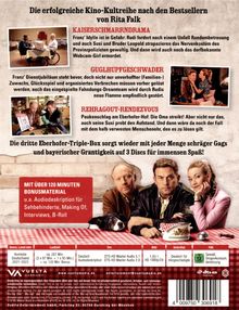 Textausschnitt über Kinofilme nach Rita Falks Romanen: "KAISERSCHMARRNDRAMA", "GUGLHUPFGESCHWADER", "REHRAGOUT-RENDEZVOUS". Enthält Bonusmaterial. Drei Personen am Tisch mit Hund, rotes Karomuster.