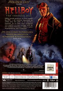 Der Text beschreibt den Film "Hellboy: The Crooked Man". Hellboy kämpft in den 1950er Jahren gegen Hexen und einen Teufel. Darunter sind Bilder von Hellboy und anderen Charakteren in einer unheimlichen, dunklen Umgebung.
