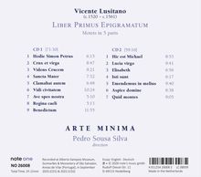 Texte: Vicente Lusitano, Liber Primus Epigramatum, ARTE MINIMA, Pedro Sousa Silva, Titel von zwei CDs und deren Laufzeiten.