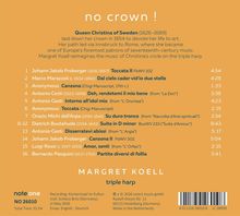 Ein Albumcover mit dem Titel "no crown!" und Werken von Musikern wie Johann Jakob Froberger und Dietrich Buxtehude. Margret Koell spielt Harfe.