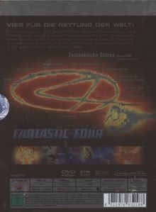 "Vier für die Rettung der Welt!", "Fantastische Extras", "Fantastic Four". Orangerotes Logo, Superhelden-Thema.