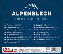 "ALPENBLECH ZUM JUBILÄUM - 20 JAHRE" gefolgt von einer Titelliste der Musikstücke. Oben ein Logo mit Bergsilhouette.
