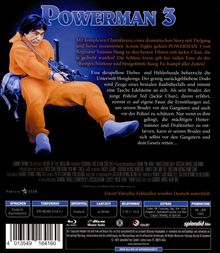 "POWERMAN 3" in großen Buchstaben. Darunter eine Beschreibung der dramatischen Story und Action-Fights.