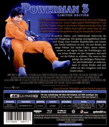Der Text "POWERMAN 3" ist oben groß. Darunter sind Beschreibungen des Films. Eine Person in orange trägt einen Gegenstand.