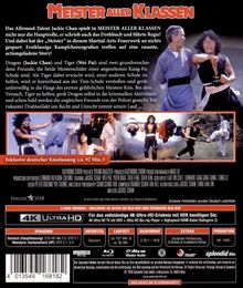 "Meister aller Klassen" in roter Schrift. Beschreibung des Films mit Jackie Chan und Wei Pai. Szenenbilder von Kampfszenen.