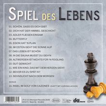 Text: „SPIEL DES LEBENS“ und 14 Liedtitel. Eine schwarze Schachfigur steht, während eine gelbe umgeworfen ist.