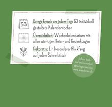 "Bringt Freude an jedem Tag," "Übersichtlich," "Dekorativ." Drei Symbole: Kalender, Blume. Grüner Hintergrund. 
