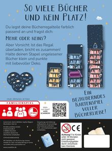 "So viele Bücher und kein Platz! Mehr oder keins? Ein bezauberndes Kartenspiel voller Bücherliebe!" Kartenspielelemente.