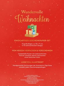 "Wundervolle Weihnachten" in geschwungener Schrift vor einem roten Hintergrund mit Geschenken.