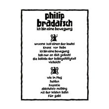 Einrahmter Text mit Titeln wie "ich bin eine bewegung" und "umd sonst holt einen der teufel", Zeichen mit Figuren.