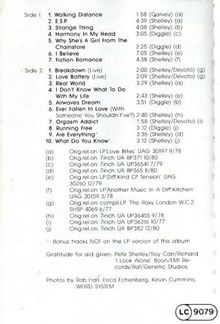 Trackliste mit Titeln und Längen. "Side 1" und "Side 2" mit jeweils mehreren Songs. Verweise in Klammern am Ende.