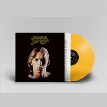 Text: "Peter Baumann Romance 76." Gelbe Vinyl-Schallplatte mit Cover, das das Porträt eines Mannes zeigt.