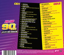 "Wir sind 90er! Die Hits einer Generation" in großer Schrift mit zwei CD-Tracklisten auf lila Hintergrund.
