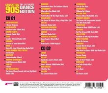 "SENSATION 90s DANCE EDITION. Gelbe und weiße Schrift auf rosa Hintergrund. Auflistung von Songs und Künstlern auf zwei CDs."