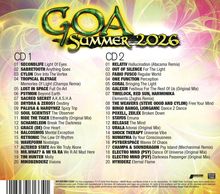 "GOA Summer 2026" steht oben in großen Buchstaben. Es folgen zwei Listen mit Titeln für CD 1 und CD 2. Hintergrund: bunte, leuchtende Muster.